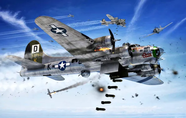 Картинка атака, B-17G, Вторая Мировая война, Люфтваффе, инверсионный след, Fw.190A, авиабомбы, война в воздухе, Cтратегическая бомбардировка …