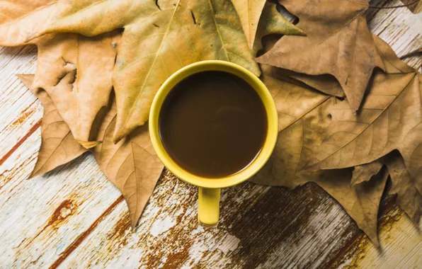 Картинка осень, листья, фон, дерево, кофе, colorful, чашка, wood, background, autumn, leaves, cup, coffee, осенние, maple