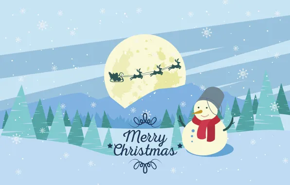Картинка Зима, Ночь, Снег, Луна, Улыбка, Рождество, Новый год, Санта Клаус, Олени, Ёлки, Снеговик, Сани, Развозит …