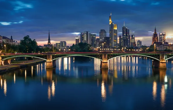 Картинка мост, огни, река, вечер, Германия, skyline, Франкфурт-на-Майне