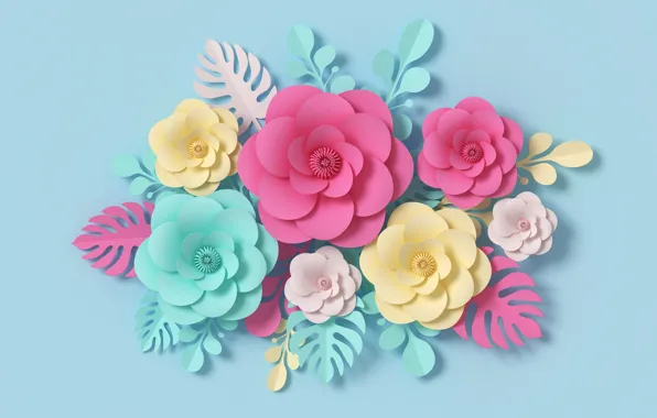 Картинка цветы, рендеринг, узор, colorful, pink, flowers, композиция, rendering, paper, composition, floral