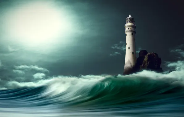 Картинка море, облака, свет, ночь, графика, волна, маяк, digital art, nikos Bantouvakis