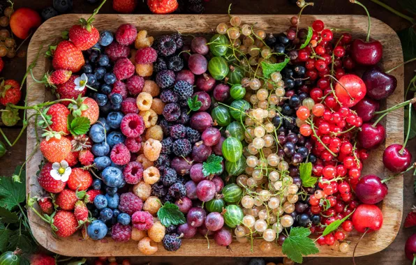 Картинка вишня, ягоды, малина, черника, клубника, много, смородина, крыжовник, блюдо