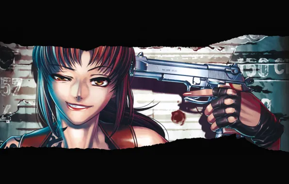 Картинка Black Lagoon, Revy, girl, gun, weapon, anime, artwork, black background, anime girl