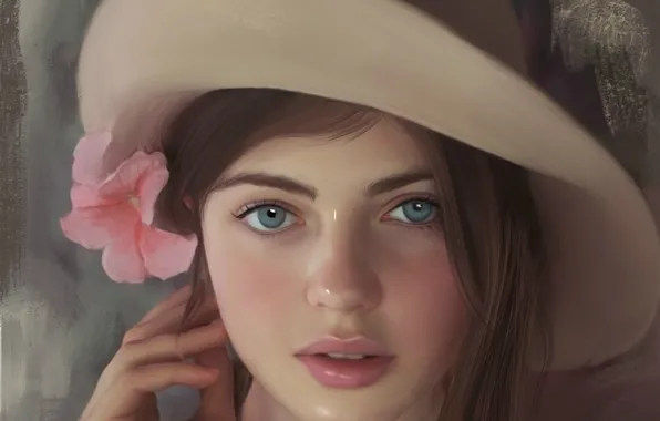 Картинка лицо, рука, голубые глаза, в шляпе, цветок в волосах, портрет девушки