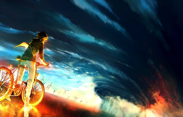 Картинка небо, велосипед, фон, огонь, буря, аниме, fire, парень, storm, anime, boy, colour, epic