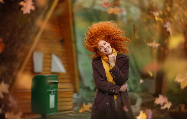Картинка осень, листья, девушка, улыбка, настроение, волосы, рыжая, кудри, рыжеволосая, Ярослава Громова