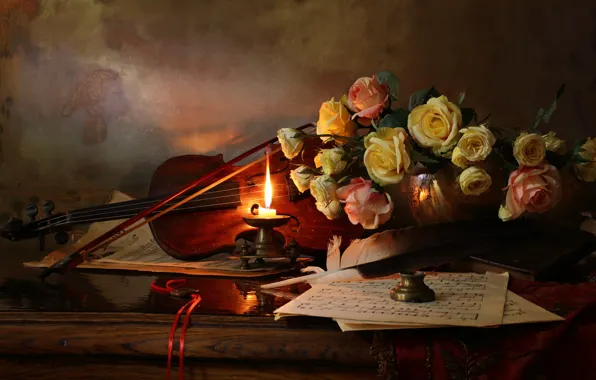 Картинка цветы, стиль, ноты, перо, скрипка, розы, свеча