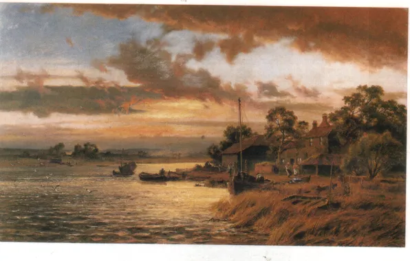 Картинка облака, река, люди, лодка, чайки, GALLON