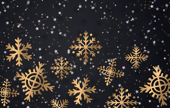 Картинка зима, снежинки, фон, золото, Новый Год, Рождество, golden, gold, black, Christmas, winter, background, New Year, …