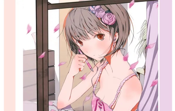 Картинка стрижка, ручка, девочка, лепестки роз, у окна, цветок в волосах, чёлка, задумчивая, haruaki fuyuno