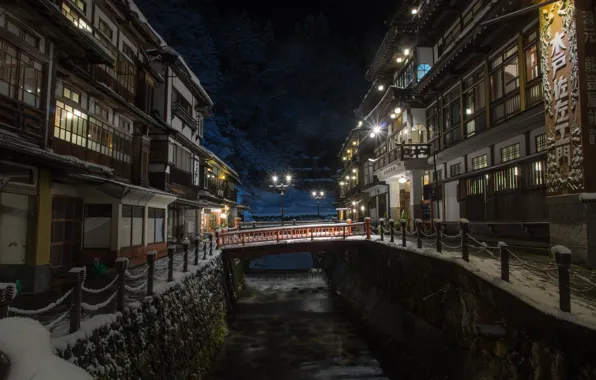 Картинка зима, снег, ночь, дома, Япония, освещение, фонари, мостик, отели, Ямагата, Гиндзан Онсэн