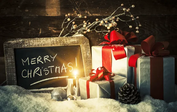 Картинка снег, украшения, шары, Рождество, подарки, Новый год, new year, Christmas, balls, wood, snow, merry christmas, …