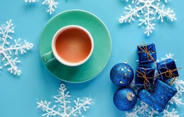 Картинка зима, снежинки, фон, голубой, Новый Год, Рождество, чашка, Christmas, blue, winter, background, cup, какао, snowflakes, …