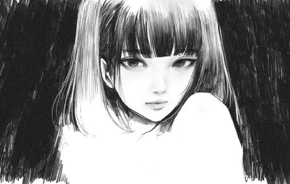 Картинка лицо, черно - белый, челка, портрет девушки, рисунок карандашом, by Wataboku