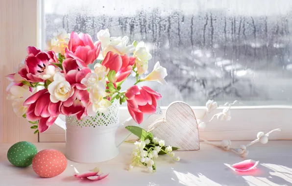 Картинка цветы, яйца, весна, colorful, Пасха, тюльпаны, happy, pink, flowers, tulips, window, spring, Easter, eggs, decoration