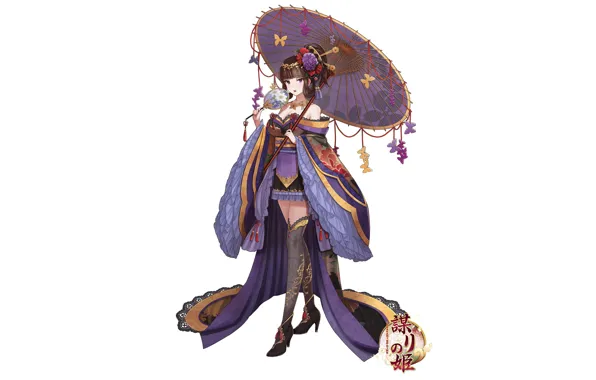 Картинка девушка, бабочки, цветы, зонт, шлейф, веер
