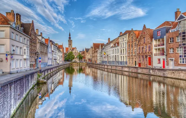 Картинка небо, улица, Бельгия, водный канал, Bruges