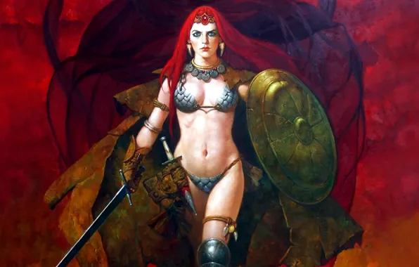 Картинка girl, sword, sexy, legs, boobs, comics, belly, shield, Red Sonja, red head, sword & Girl, …