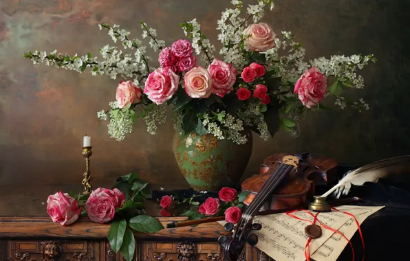 Картинка цветы, ветки, ноты, перо, скрипка, розы, свеча, ваза, подсвечник, чернильница, Андрей Морозов