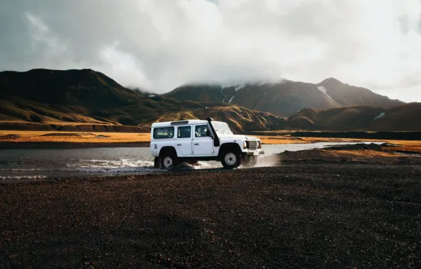 Картинка Land Rover, Clouds, Landscape, Water, River, Rocks, Offroad, Defennder, Jon Flobrant