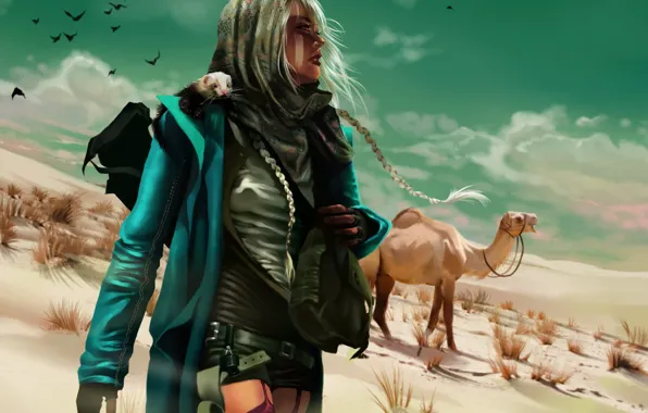 Картинка девушка, птицы, оружие, Пустыня, верблюд, зверек, вгляд, косы