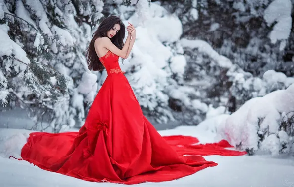 Картинка зима, лес, девушка, снег, поза, стиль, фото, красное, шлейф, платье, красотка, Sergey Shatskov