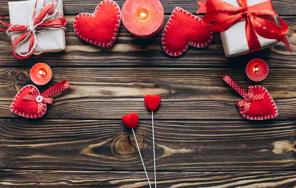 Картинка любовь, подарок, сердце, свечи, сердечки, red, love, heart, wood, romantic, valentine's day, gift