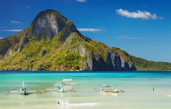 Картинка пляж, океан, лодки, лагуна, Philippines, El Nido, Филлипины, Palawan