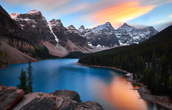 Картинка пейзаж, закат, горы, природа, озеро, отражение, камни, скалы, Канада, Альберта, Alberta, Canada, леса, национальный парк, …