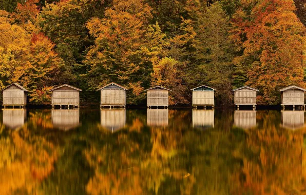 Картинка осень, озеро, домики