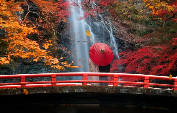 Картинка осень, лес, деревья, ветки, красный, мост, природа, люди, листва, вид, гора, водопад, красота, зонт, Япония, …