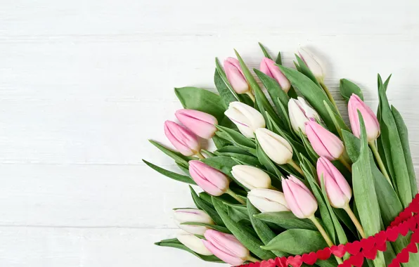 Картинка цветы, букет, лента, тюльпаны, розовые, wood, pink, flowers, beautiful, romantic, tulips, spring