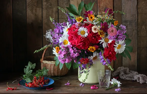 Картинка осень, цветы, ягоды, букет, colorful, натюрморт, смородина, flowers, autumn, still life, bouquet