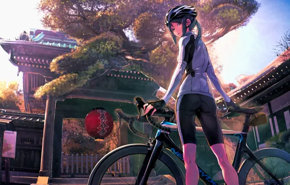 Картинка велосипед, улица, Япония, фонарь, храм, шлем, школьница, спортивная одежда, митенки, вполоборота, Minami Kamakura Koukou Joshi …