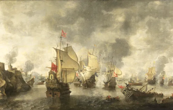 Картинка масло, картина, холст, 1656, Abraham Beerstraten, Абрахам Берстратен, Битва объединенных венецианских и голландских флот