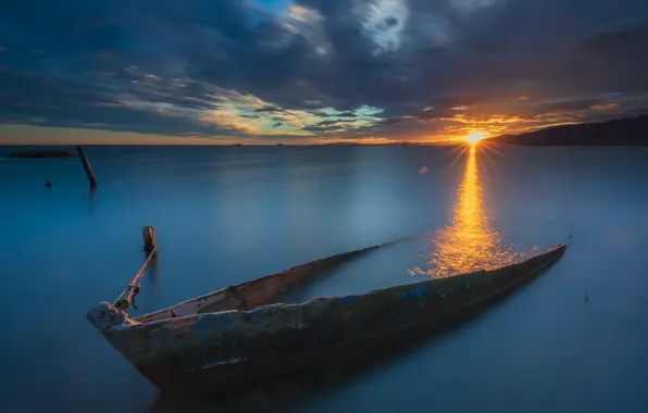 Картинка закат, берег, лодка