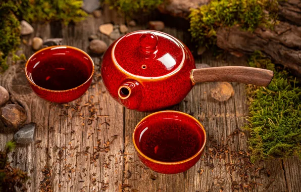 Картинка красный, чай, доски, мох, чайник, чаепитие, чашки, бревно, заварка, чайная церемония, керамика, азиатский стиль
