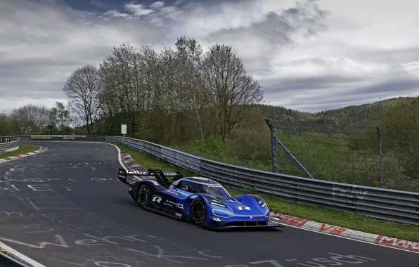 Картинка синий, Volkswagen, прототип, prototype, тесты, Nürburgring, Nordschleife, 2019, I.D. R