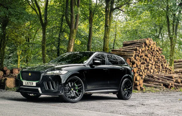 Картинка Jaguar, Front, Black, Side, Forest, Mud, F-Pace, 2020, Lister Stealth