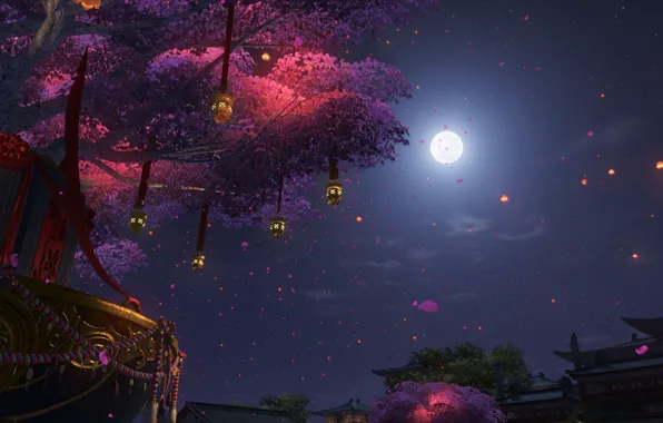 Картинка деревья, ночь, луна, дома, сакура, фонарики, цветение, by Hy vọng