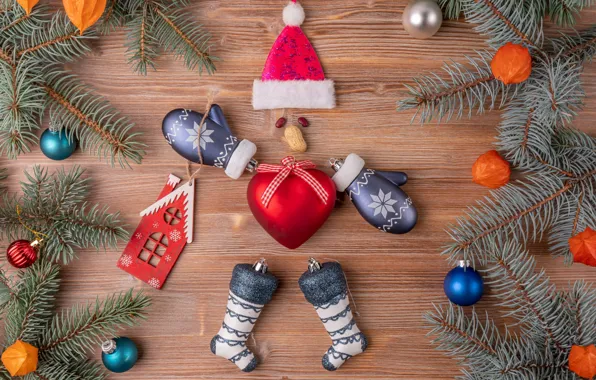 Картинка шарики, ветки, сердце, доски, Рождество, Новый год, носки, домик, орехи, Санта Клаус, хвоя, бантик, физалис, …