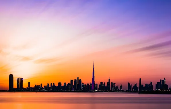 Картинка закат, небоскребы, Дубаи, Бурдж-Халифа, вид на город