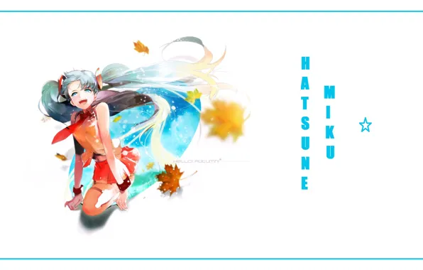 Картинка улыбка, галстук, vocaloid, Hatsune Miku, голубые волосы, кленовые листья, Хатсуне Мику