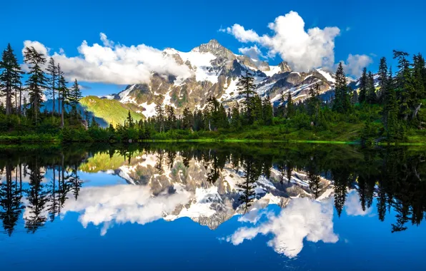 Картинка облака, деревья, горы, озеро, отражение, Гора Шуксан, Каскадные горы, Washington State, Cascade Range, Picture Lake, …