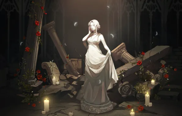 Картинка девушка, свет, тьма, розы, тень, статуя