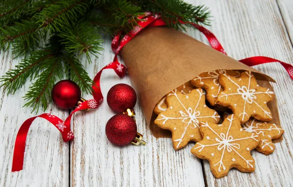 Картинка украшения, шары, Новый Год, Рождество, christmas, wood, merry, cookies, decoration, пряники, gingerbread, fir tree, ветки …