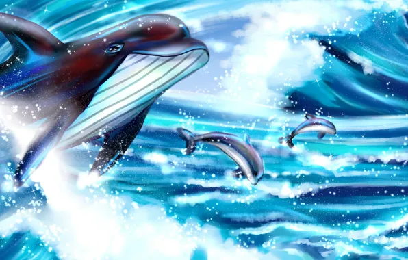 Картинка море, небо, дельфины
