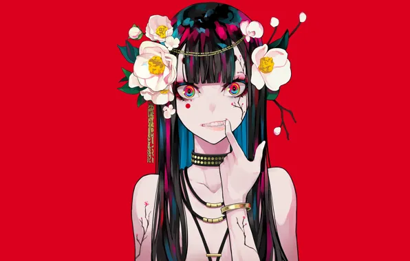 Картинка взгляд, девушка, цветы, венок, красный фон, mochizuki kei