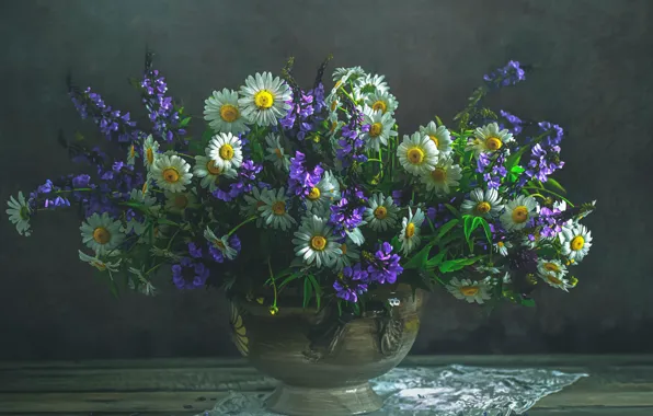 Картинка цветы, стол, ромашки, букет, ваза, белые, натюрморт, полевые, разные, сиреневые